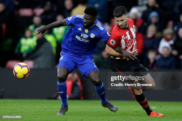 Bruno Ecuele Manga of Cardiff City is challenged by Shane Long of Southampton during the Premier League match between Southampton FC and Cardiff City...