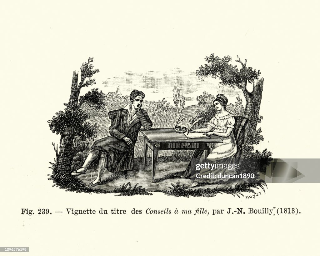 Ung kvinna skriva ett brev, franska tidigt 1800-tal