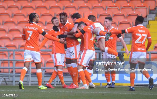 Blackpool's Chris Long celebrates scoring the opening goal with team-mates during the Sky Bet League One match between Blackpool and Walsall at...