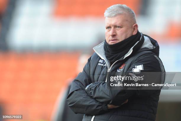 Blackpool's Manager Terry McPhillips during the Sky Bet League One match between Blackpool and Walsall at Bloomfield Road on February 9, 2019 in...