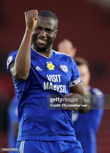 Sol Bamba of Cardiff City celebrates following the Premier League match between Southampton FC and Cardiff City at St Mary's Stadium on February 9,...