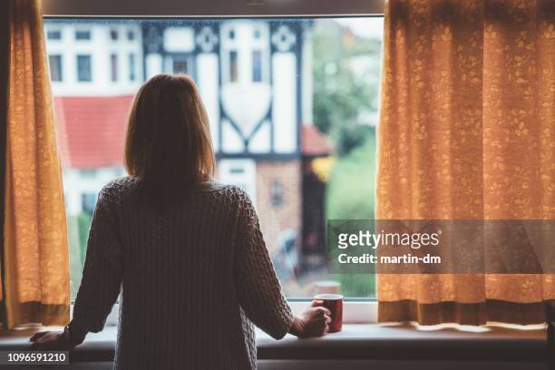 vrouw thuis met het drinken van thee - looking at view stockfoto's en -beelden