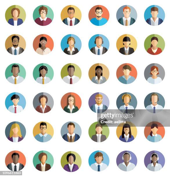 satz von sechsunddreißig flachen runden ikonen der junge geschäftsleute. - geschäftsleute stock-grafiken, -clipart, -cartoons und -symbole