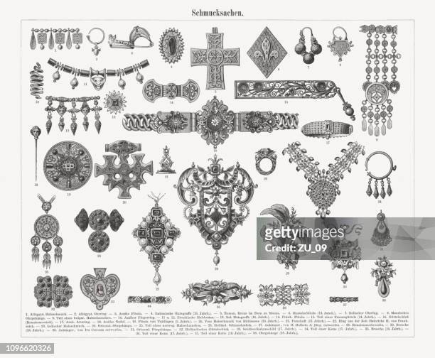 historical jewelry, wood engravings, published in 1897 - vintage brooch stock illustrations