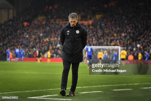 Claude Puel, Manager of Leicester City looks on during the Premier League match between Wolverhampton Wanderers and Leicester City at Molineux on...