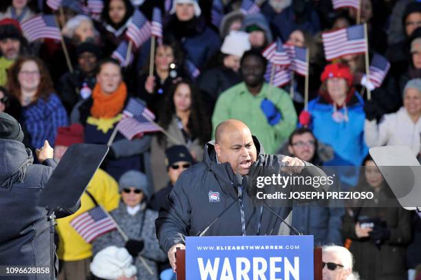 Lawrence Mayor Daniel Rivera speaks before Democratic US Senator Elizabeth Warren announces her entry into the 2020 US presidential race on February...