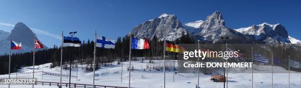 The Canadian Rockies stand tall against a clear sky as seen from the Canmore Nordic Center, host of the IBU World Cup Biathlon, February 9, 2019 in...