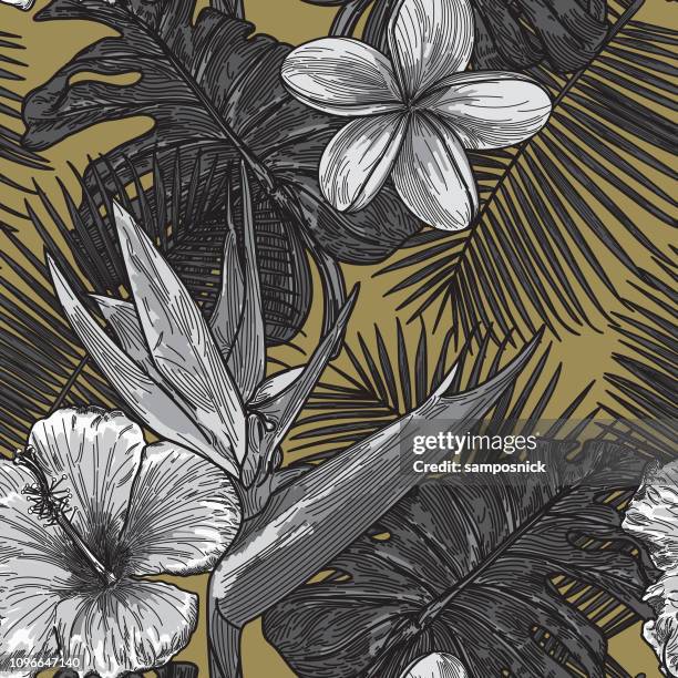 modern tropical floral pattern - bird of paradise stock illustrations