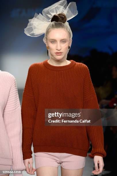 Model walks the runway at the Flying Solo Fashion Show during NYFW February 2019 at Pier 59 on February 9, 2019 in New York City.