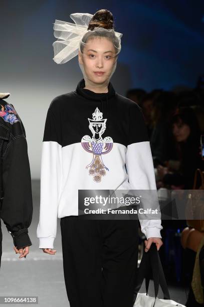 Model walks the runway at the Flying Solo Fashion Show during NYFW February 2019 at Pier 59 on February 9, 2019 in New York City.