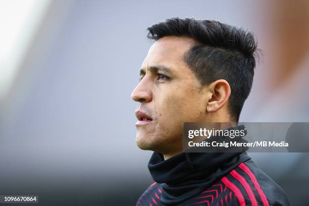 Alexis Sanchez of Manchester United during the pre-match warm-up during the Premier League match between Fulham FC and Manchester United at Craven...