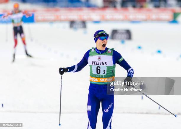 Finland's Eero Hirvonen finishes first at Men's Nordic Combined HS130 2x7.5km Team Sprint at Lahti Ski Games in Lahti, Finland on 9 February 2019.