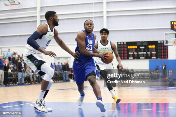 Jared Brownridge of the Delaware Blue Coats drives against Hakim Warrick of the Iowa Wolves during an NBA G-League game at the 76ers Fieldhouse on...