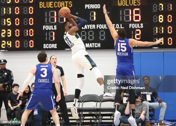 Hakim Warrick of the Iowa Wolves shoots against Ryan Anderson of the Delaware Blue Coats during an NBA G-League game at the 76ers Fieldhouse on...