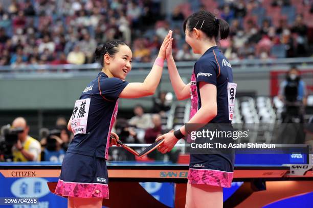 Mima Ito and Hina Hayata celebrate winning the Women's Doubles final against Saki Shibata and Satsuki Odo on day six of the All Japan Table Tennis...