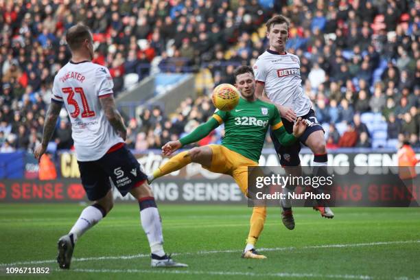 Alan Browne of Preston attempts a shot during the Sky Bet Championship match between Bolton Wanderers and Preston North End at the Reebok Stadium,...