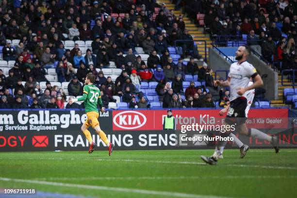 Tom Barkhuizen of Preston celebrates scoring his teams second goal during the Sky Bet Championship match between Bolton Wanderers and Preston North...