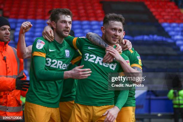 Alan Browne of Preston celebrates with his teammates after scoring his sides opening goal during the Sky Bet Championship match between Bolton...
