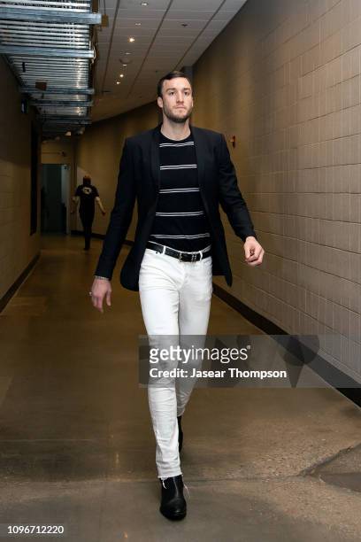 Miles Plumlee of the Atlanta Hawks arrives before the game against the Charlotte Hornets on February 9, 2019 at State Farm Arena in Atlanta, Georgia....