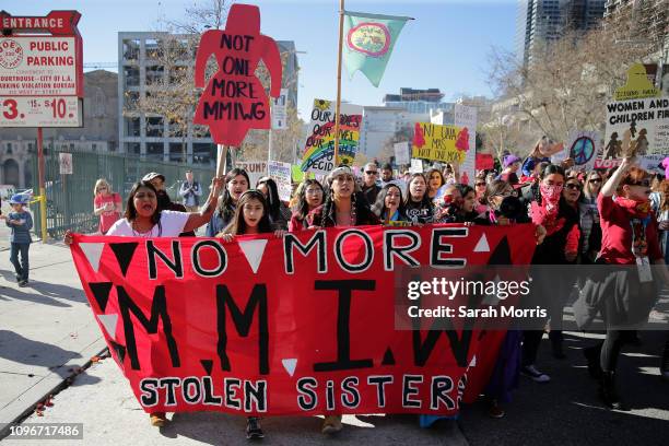 Activists march for missing and murdered Indigenous women at the Women's March California 2019 on January 19, 2019 in Los Angeles, California....