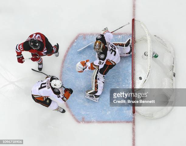 Marcus Johansson of the New Jersey Devils scores on John Gibson of the Anaheim Ducks at the Prudential Center on January 19, 2019 in Newark, New...