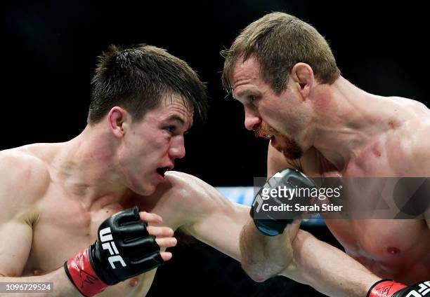 Donald 'Cowboy' Cerrone fights against Alex Hernandez during their lightweight fight at UFC Fight Night at Barclays Center on January 19, 2019 in New...