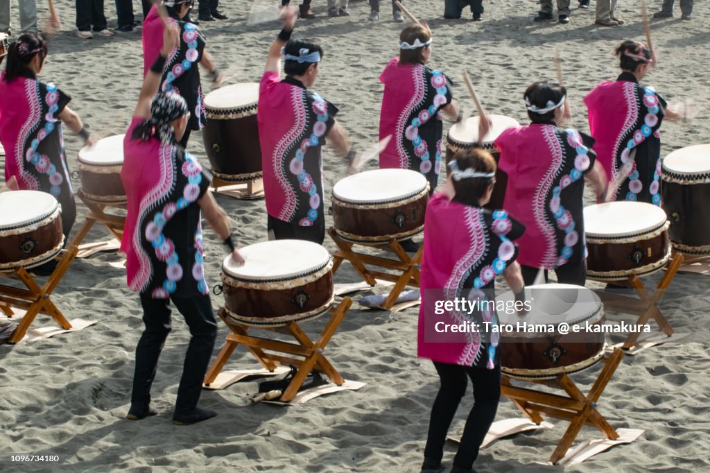 Japanese drum on the winter beach for coming-of-age ceremony in Japan