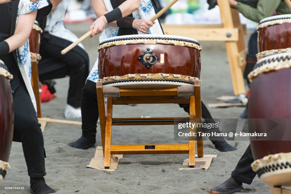 Japanese drum on the winter beach for coming-of-age ceremony in Japan