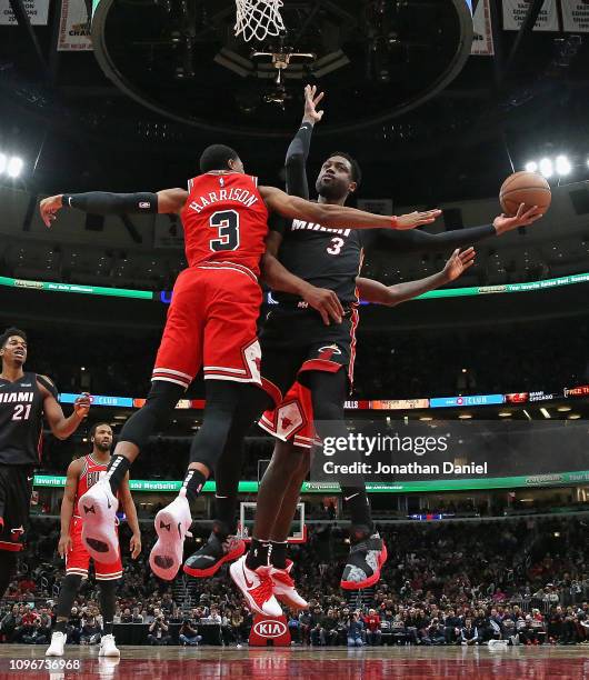 Dwyane Wade of the Miami Heat puts up a shot against Shaquille Harrison of the Chicago Bulls at United Center on January 19, 2019 in Chicago,...