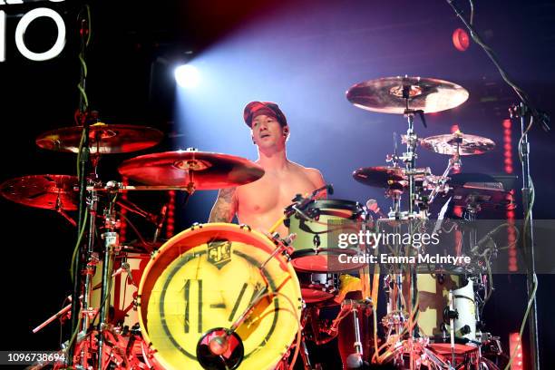 Josh Dun of Twenty One Pilots performs on stage during 2019 iHeartRadio ALTer Ego at The Forum on January 19, 2019 in Inglewood, California.