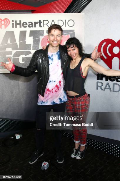 Matt Johnson and Kim Schifino of Matt and Kim pose backstage during 2019 iHeartRadio ALTer Ego at The Forum on January 19, 2019 in Inglewood,...
