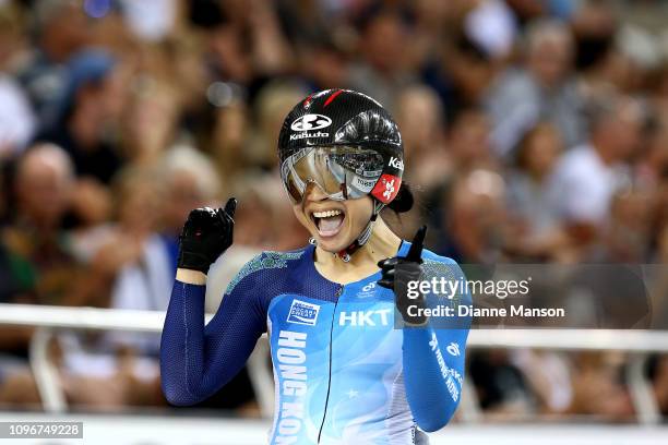 Wai Sze Lee of Hong Kong reacts after finishing first in the Women's Keirin final during the 2018 UCI Track World Cup on January 20, 2019 in...