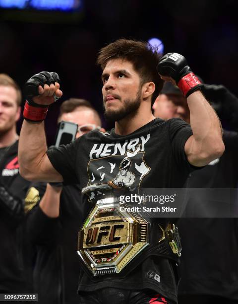 Henry Cejudo reacts after defeating TJ Dillashaw in the first round during their UFC Flyweight title match at UFC Fight Night at Barclays Center on...