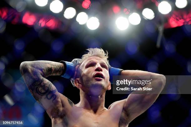Dillashaw reacts to the judge's decision that ended his UFC Flyweight title match against Henry Cejudo at UFC Fight Night at Barclays Center on...