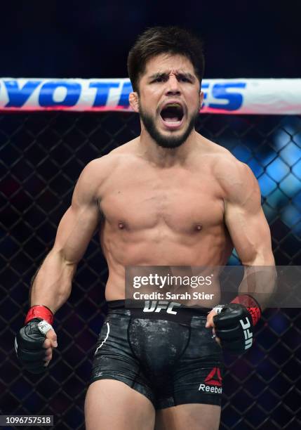 Henry Cejudo reacts after defeating TJ Dillashaw in the first round during their UFC Flyweight title match at UFC Fight Night at Barclays Center on...