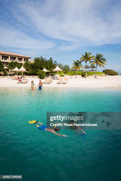 two children snorkelling in azure water - curaçao stock pictures, royalty-free photos & images