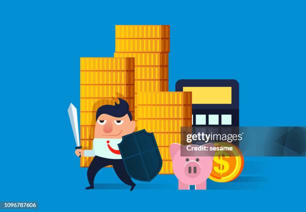 businessman holding a sword and shield to protect his property - guarding money stock illustrations