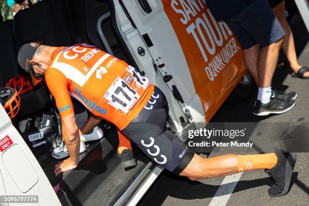 Patrick Bevin of New Zealand and CCC Team had a bad crash at the end of Stage 5 but was fit to start Stage 6 from McLaren Vale to Willunga Hill of...