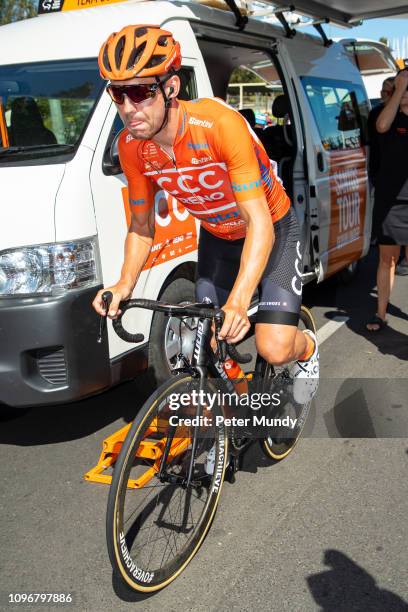 Patrick Bevin of New Zealand and CCC Team had a bad crash at the end of Stage 5 but was fit to start Stage 6 from McLaren Vale to Willunga Hill of...