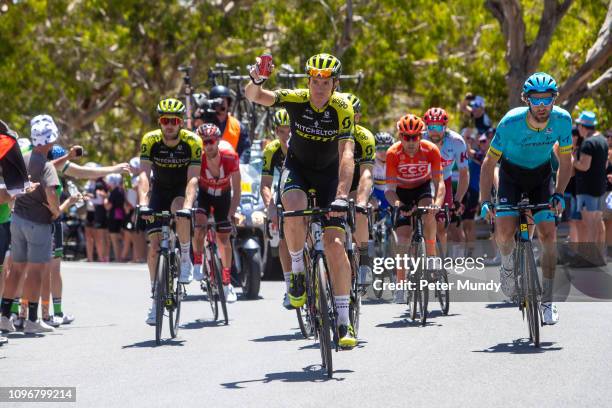 Mat Hayman of Australia and Mitchelton-SCOTT acknowledge the cheering crowd on his final professional race during Stage 6 from McLaren Vale to...