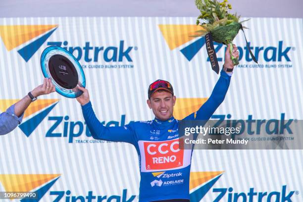 Patrick Bevin of New Zealand and CCC Team celebrates wining the Ziptrak Sprint Jersey after Stage 6 from McLaren Vale to Willunga Hill of the Santos...