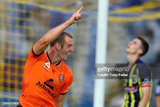 Luke Devere of Brisbane Roar celebrates a goal during the round 14 A-League match between the Central Coast Mariners and the Brisbane Roar at Central...