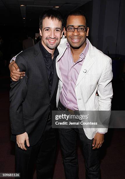 Actors Lin-Manuel Miranda and Daniel Breaker attend the TONY Awards "Meet The Nominees" press junket at the Hilton Hotel Rhinelander Room on May 14,...