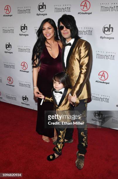 Shaunyl Benson, Johnny Crisstopher Sarantakos and illusionist Criss Angel attend the grand opening of "Criss Angel MINDFREAK" at Planet Hollywood...