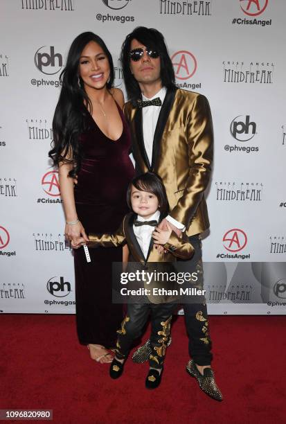 Shaunyl Benson, Johnny Crisstopher Sarantakos and illusionist Criss Angel attend the grand opening of "Criss Angel MINDFREAK" at Planet Hollywood...