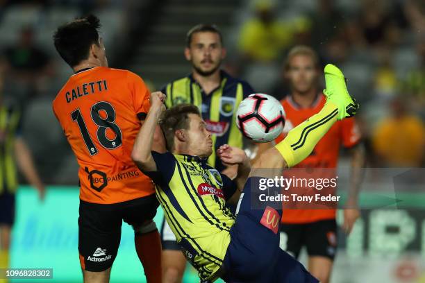 Michael McGlinchey of the Central Coast Mariners tries to kick the ball overhead during the round 14 A-League match between the Central Coast...