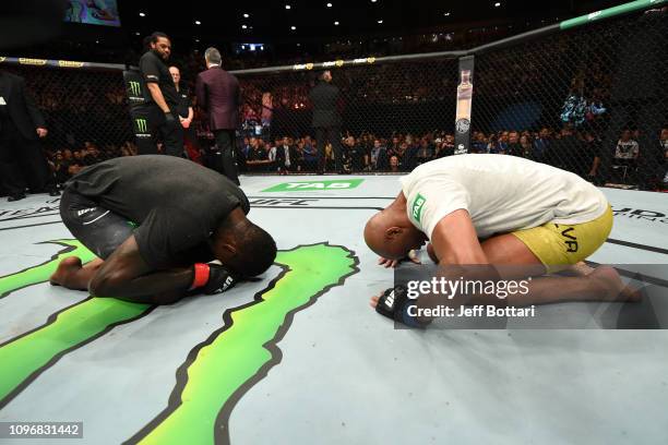 Israel Adesanya of New Zealand and Anderson Silva of Brazil bow to each other after their middleweight bout during the UFC 234 at Rod Laver Arena on...