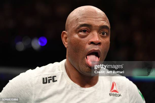 Anderson Silva of Brazil reacts after the conclusion of his middleweight bout against Israel Adesanya of New Zealand during the UFC 234 at Rod Laver...