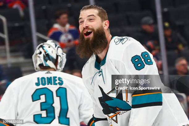 San Jose Sharks Defenceman Brent Burns jokes with team mates before the first period during the Edmonton Oilers game versus the San Jose Sharks on...