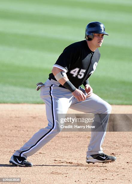 Dallas McPherson of the Chicago White Sox on base against the Los Angeles Dodgers during spring training at Camelback Ranch on February 28, 2011 in...